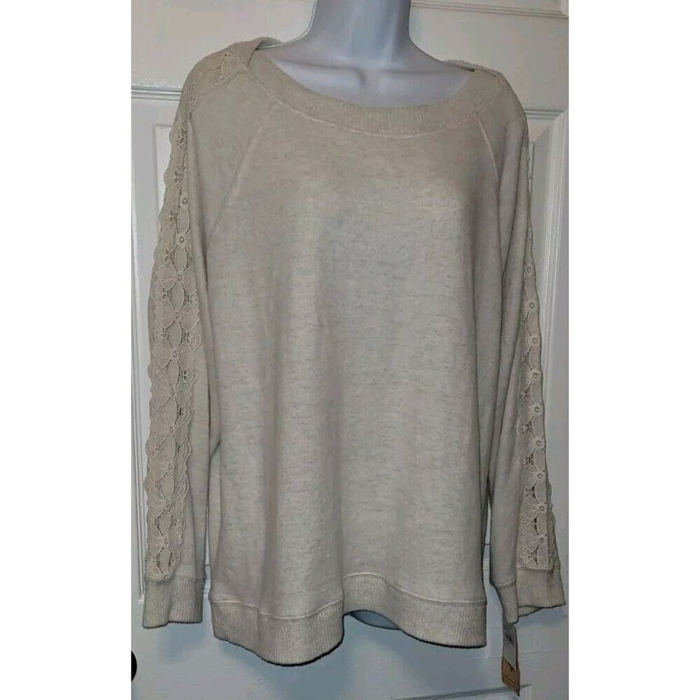XL Democracy Knit Sweater Pullover Boatneck Lace Appliqué Sleeves Oatmeal NWT